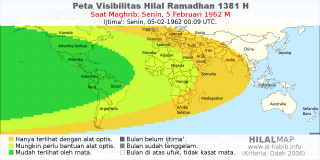 HilalMap: Peta Visibilitas Hilal Ramadhan 1381 H: rukyat tanggal 1962-2-5 M