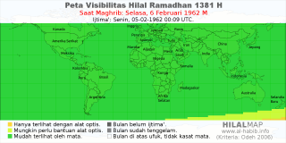 HilalMap: Peta Visibilitas Hilal Ramadhan 1381 H: rukyat tanggal 1962-2-6 M