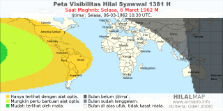 HilalMap: Peta Visibilitas Hilal Syawwal 1381 H: rukyat tanggal 1962-3-6 M