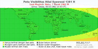 HilalMap: Peta Visibilitas Hilal Syawwal 1381 H: rukyat tanggal 1962-3-7 M