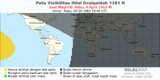 HilalMap: Peta Visibilitas Hilal Dzulqaidah 1381 H: rukyat tanggal 1962-4-4 M