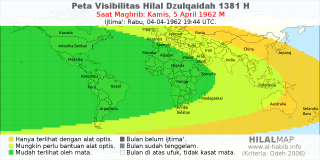 HilalMap: Peta Visibilitas Hilal Dzulqaidah 1381 H: rukyat tanggal 1962-4-5 M