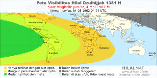 HilalMap: Peta Visibilitas Hilal Dzulhijjah 1381 H: rukyat tanggal 1962-5-4 M