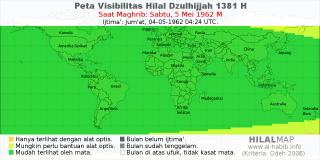 HilalMap: Peta Visibilitas Hilal Dzulhijjah 1381 H: rukyat tanggal 1962-5-5 M