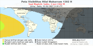 HilalMap: Peta Visibilitas Hilal Muharram 1382 H: rukyat tanggal 1962-6-2 M