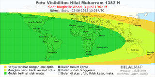 HilalMap: Peta Visibilitas Hilal Muharram 1382 H: rukyat tanggal 1962-6-3 M
