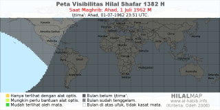 HilalMap: Peta Visibilitas Hilal Shafar 1382 H: rukyat tanggal 1962-7-1 M