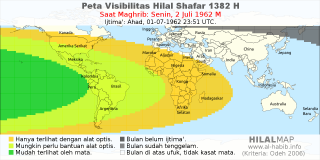 HilalMap: Peta Visibilitas Hilal Shafar 1382 H: rukyat tanggal 1962-7-2 M