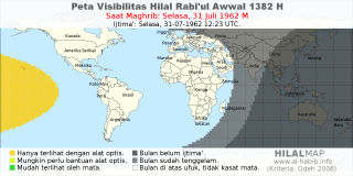 HilalMap: Peta Visibilitas Hilal Rabiul-Awwal 1382 H: rukyat tanggal 1962-7-31 M
