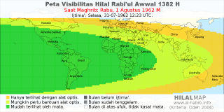 HilalMap: Peta Visibilitas Hilal Rabiul-Awwal 1382 H: rukyat tanggal 1962-8-1 M