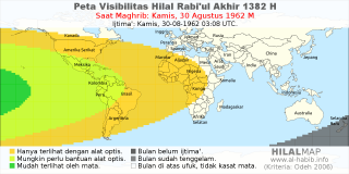 HilalMap: Peta Visibilitas Hilal Rabiul-Akhir 1382 H: rukyat tanggal 1962-8-30 M