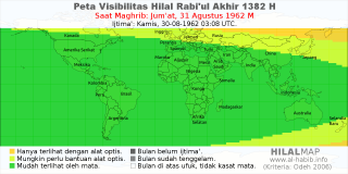 HilalMap: Peta Visibilitas Hilal Rabiul-Akhir 1382 H: rukyat tanggal 1962-8-31 M
