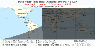 HilalMap: Peta Visibilitas Hilal Jumadal-Awwal 1382 H: rukyat tanggal 1962-9-28 M