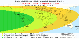HilalMap: Peta Visibilitas Hilal Jumadal-Awwal 1382 H: rukyat tanggal 1962-9-29 M