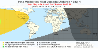 HilalMap: Peta Visibilitas Hilal Jumadal-Akhirah 1382 H: rukyat tanggal 1962-10-28 M