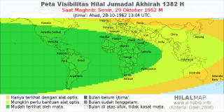 HilalMap: Peta Visibilitas Hilal Jumadal-Akhirah 1382 H: rukyat tanggal 1962-10-29 M