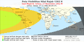 HilalMap: Peta Visibilitas Hilal Rajab 1382 H: rukyat tanggal 1962-11-27 M