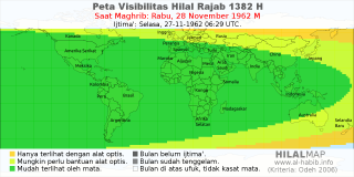 HilalMap: Peta Visibilitas Hilal Rajab 1382 H: rukyat tanggal 1962-11-28 M