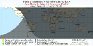 HilalMap: Peta Visibilitas Hilal Syaban 1382 H: rukyat tanggal 1962-12-26 M