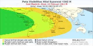 HilalMap: Peta Visibilitas Hilal Syawwal 1382 H: rukyat tanggal 1963-2-24 M