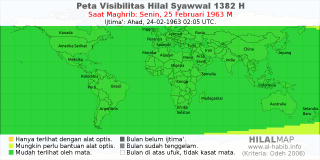 HilalMap: Peta Visibilitas Hilal Syawwal 1382 H: rukyat tanggal 1963-2-25 M