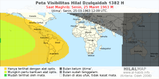 HilalMap: Peta Visibilitas Hilal Dzulqaidah 1382 H: rukyat tanggal 1963-3-25 M