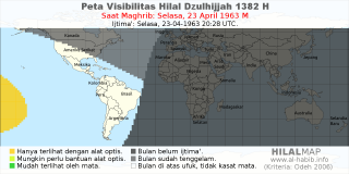 HilalMap: Peta Visibilitas Hilal Dzulhijjah 1382 H: rukyat tanggal 1963-4-23 M