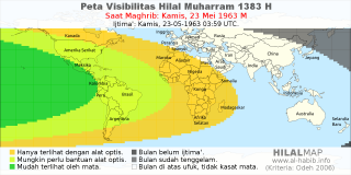 HilalMap: Peta Visibilitas Hilal Muharram 1383 H: rukyat tanggal 1963-5-23 M