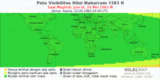 HilalMap: Peta Visibilitas Hilal Muharram 1383 H: rukyat tanggal 1963-5-24 M