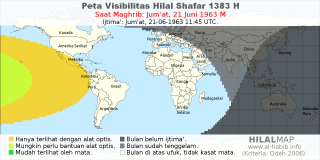 HilalMap: Peta Visibilitas Hilal Shafar 1383 H: rukyat tanggal 1963-6-21 M