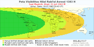 HilalMap: Peta Visibilitas Hilal Rabiul-Awwal 1383 H: rukyat tanggal 1963-7-21 M