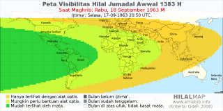 HilalMap: Peta Visibilitas Hilal Jumadal-Awwal 1383 H: rukyat tanggal 1963-9-18 M