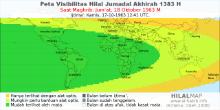 HilalMap: Peta Visibilitas Hilal Jumadal-Akhirah 1383 H: rukyat tanggal 1963-10-18 M