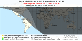 HilalMap: Peta Visibilitas Hilal Ramadhan 1383 H: rukyat tanggal 1964-1-14 M