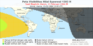 HilalMap: Peta Visibilitas Hilal Syawwal 1383 H: rukyat tanggal 1964-2-13 M