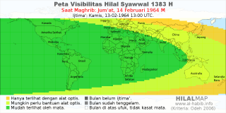 HilalMap: Peta Visibilitas Hilal Syawwal 1383 H: rukyat tanggal 1964-2-14 M