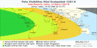 HilalMap: Peta Visibilitas Hilal Dzulqaidah 1383 H: rukyat tanggal 1964-3-14 M