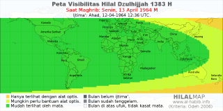 HilalMap: Peta Visibilitas Hilal Dzulhijjah 1383 H: rukyat tanggal 1964-4-13 M