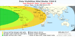 HilalMap: Peta Visibilitas Hilal Shafar 1384 H: rukyat tanggal 1964-6-10 M