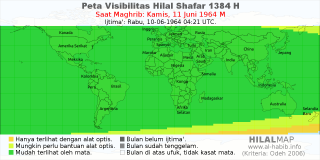 HilalMap: Peta Visibilitas Hilal Shafar 1384 H: rukyat tanggal 1964-6-11 M