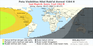 HilalMap: Peta Visibilitas Hilal Rabiul-Awwal 1384 H: rukyat tanggal 1964-7-9 M