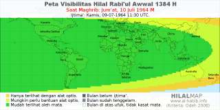 HilalMap: Peta Visibilitas Hilal Rabiul-Awwal 1384 H: rukyat tanggal 1964-7-10 M