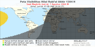 HilalMap: Peta Visibilitas Hilal Rabiul-Akhir 1384 H: rukyat tanggal 1964-8-7 M