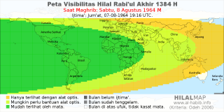 HilalMap: Peta Visibilitas Hilal Rabiul-Akhir 1384 H: rukyat tanggal 1964-8-8 M