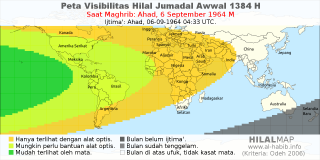 HilalMap: Peta Visibilitas Hilal Jumadal-Awwal 1384 H: rukyat tanggal 1964-9-6 M