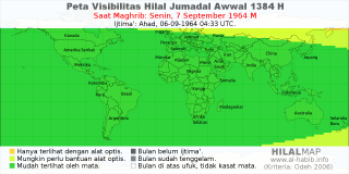 HilalMap: Peta Visibilitas Hilal Jumadal-Awwal 1384 H: rukyat tanggal 1964-9-7 M