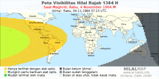 HilalMap: Peta Visibilitas Hilal Rajab 1384 H: rukyat tanggal 1964-11-4 M