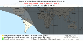 HilalMap: Peta Visibilitas Hilal Ramadhan 1384 H: rukyat tanggal 1965-1-2 M