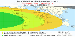 HilalMap: Peta Visibilitas Hilal Ramadhan 1384 H: rukyat tanggal 1965-1-3 M