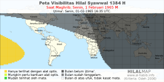 HilalMap: Peta Visibilitas Hilal Syawwal 1384 H: rukyat tanggal 1965-2-1 M